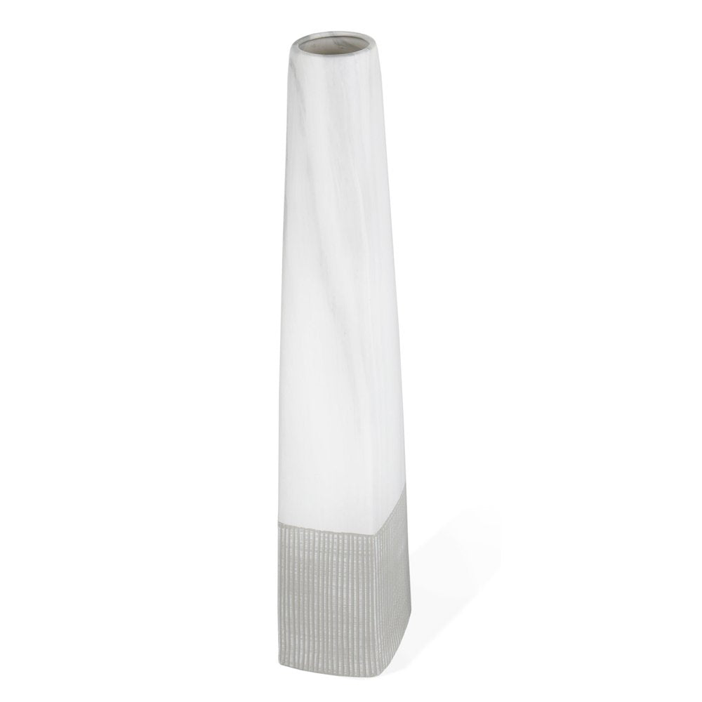 32" White Faceted Geometric Tapered Ceramic Floor Vase