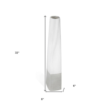 32" White Faceted Geometric Tapered Ceramic Floor Vase
