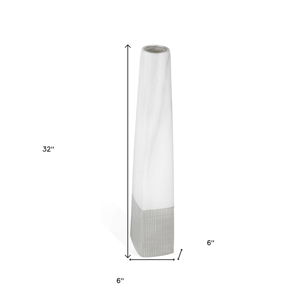 32" White Faceted Geometric Tapered Ceramic Floor Vase