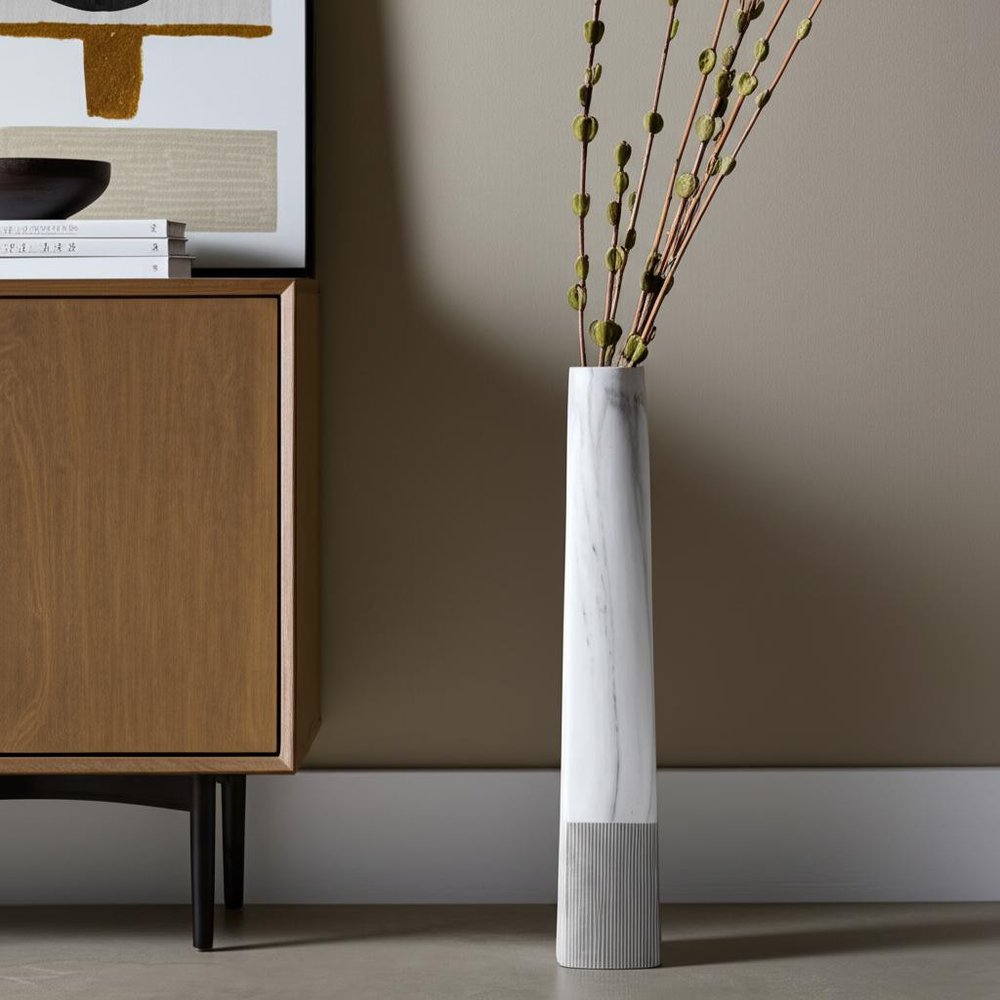 40" White Faux Marble Tapered Ceramic Floor Vase