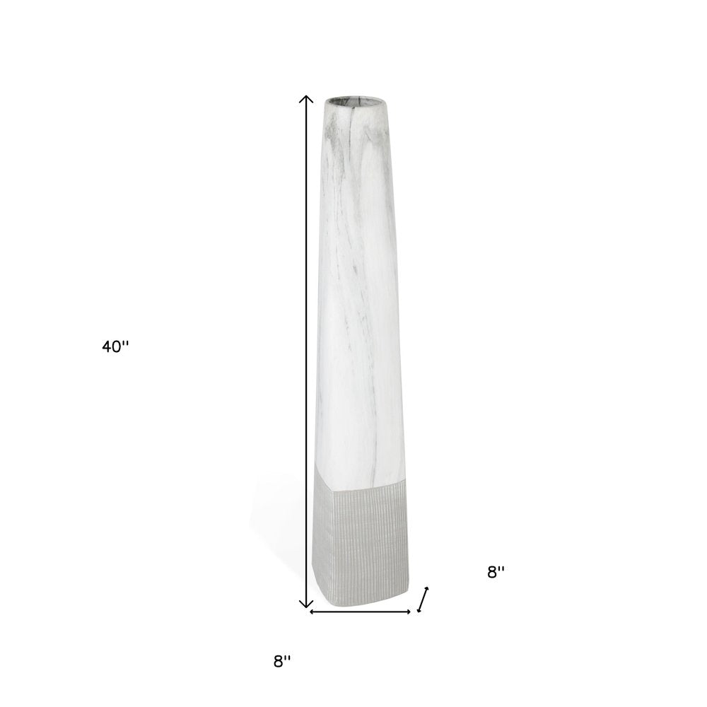 40" White Faux Marble Tapered Ceramic Floor Vase