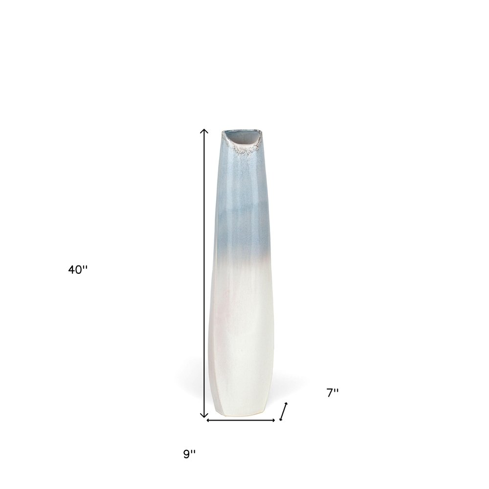40" Blue And White Ombre Ceramic Floor Vase