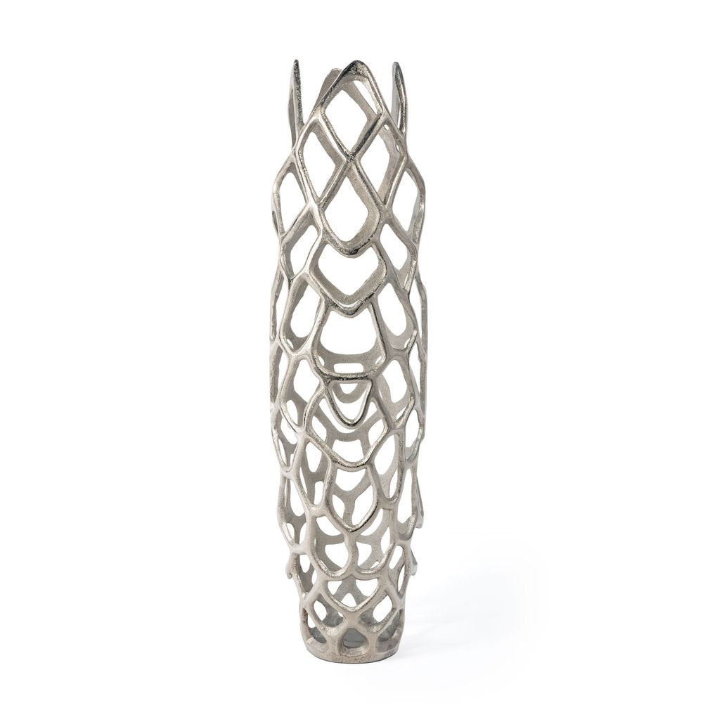 30" Silver Abstract Pierced Cast Aluminum Oval Floor Vase