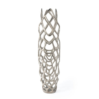 30" Silver Abstract Pierced Cast Aluminum Oval Floor Vase