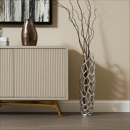 30" Silver Abstract Pierced Cast Aluminum Oval Floor Vase