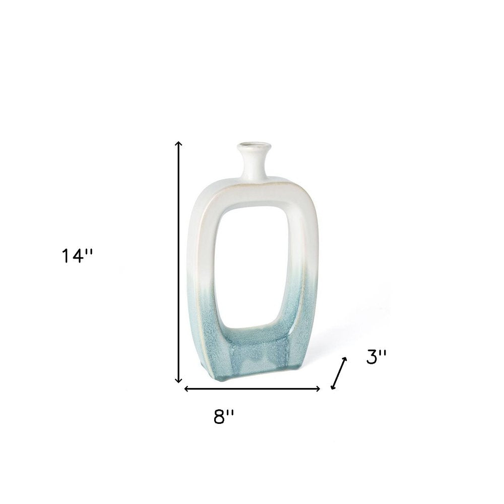 14" Aqua And White Ombre Ceramic Table Vase