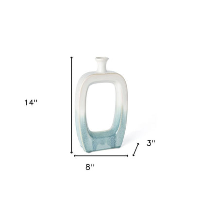 14" Aqua And White Ombre Ceramic Table Vase