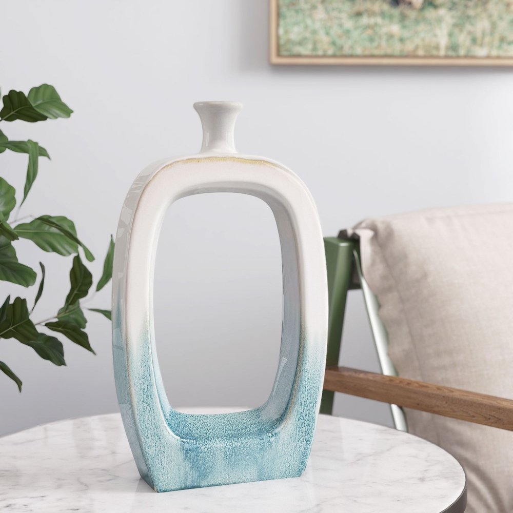 14" Aqua And White Ombre Ceramic Table Vase