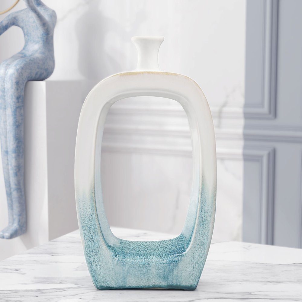18" Aqua And White Ombre Ceramic Table Vase
