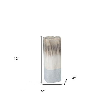 12" Brown Light Blue And Off White Color Block Square Ceramic Table Vase