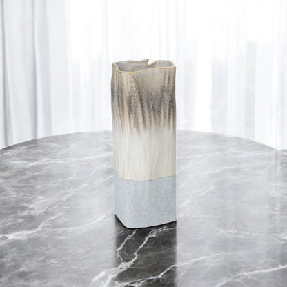 12" Brown Light Blue And Off White Color Block Square Ceramic Table Vase