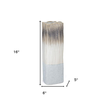 16" Brown Light Blue And Off White Color Block Square Ceramic Table Vase