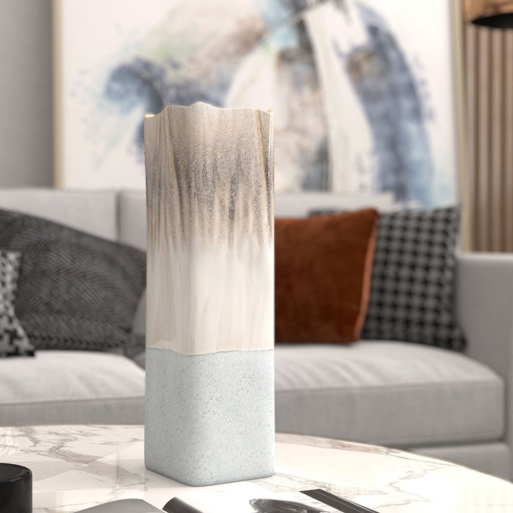 16" Brown Light Blue And Off White Color Block Square Ceramic Table Vase