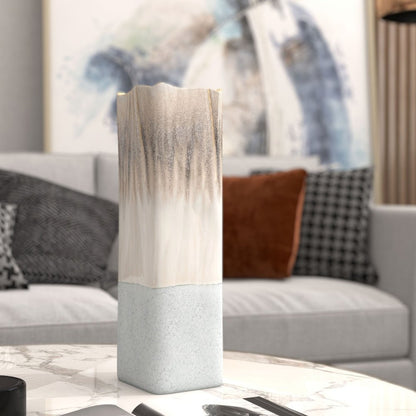 16" Brown Light Blue And Off White Color Block Square Ceramic Table Vase