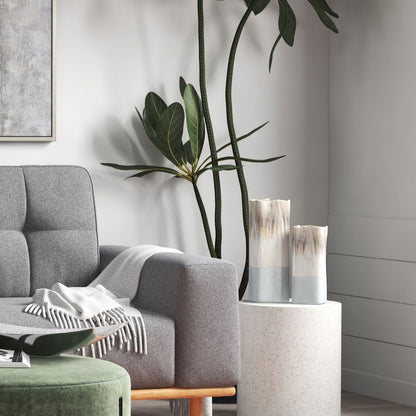 16" Brown Light Blue And Off White Color Block Square Ceramic Table Vase