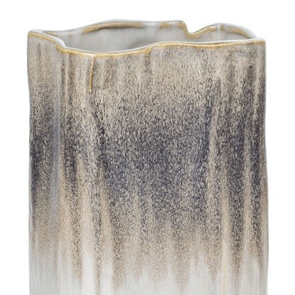 16" Brown Light Blue And Off White Color Block Square Ceramic Table Vase