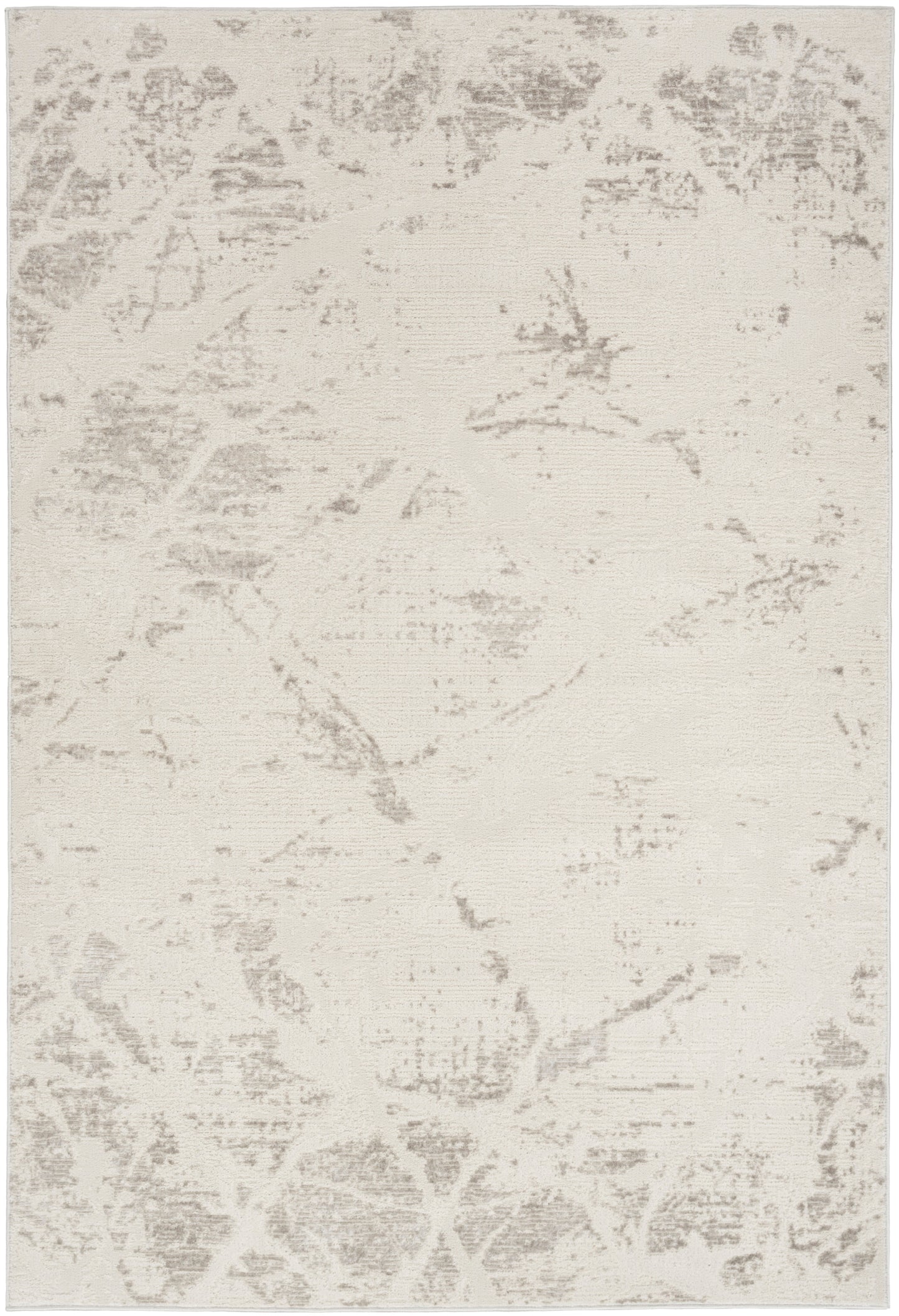 Neutral cream rug with subtle gray distressed pattern; abstract damask, modern living room floor covering.