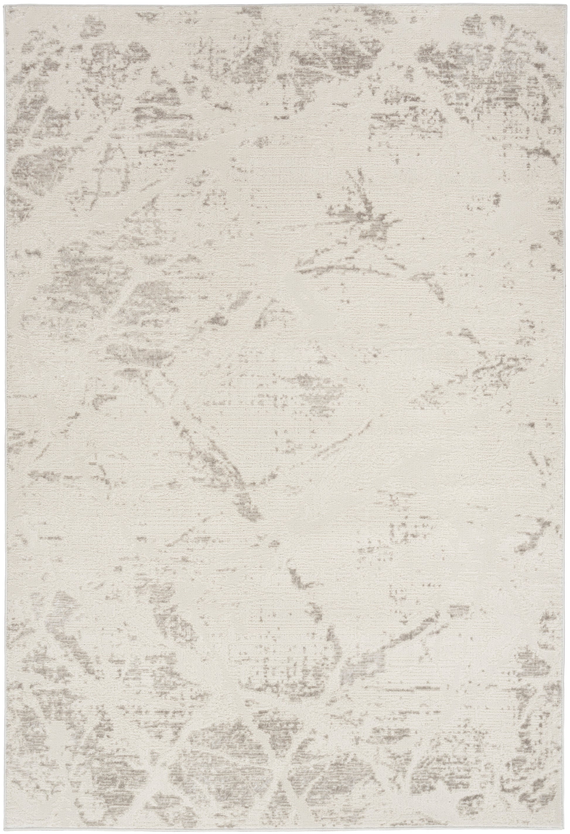 Neutral cream rug with subtle gray distressed pattern; abstract damask, modern living room floor covering.