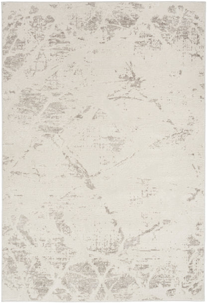 Neutral cream rug with subtle gray distressed pattern; abstract damask, modern living room floor covering.