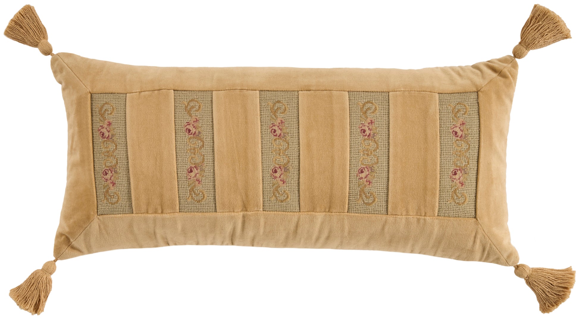 Rectangular tan decorative throw pillow with tassels on all four corners and vertical embroidered panels.