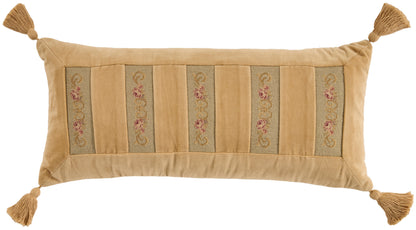 Rectangular tan decorative throw pillow with tassels on all four corners and vertical embroidered panels.