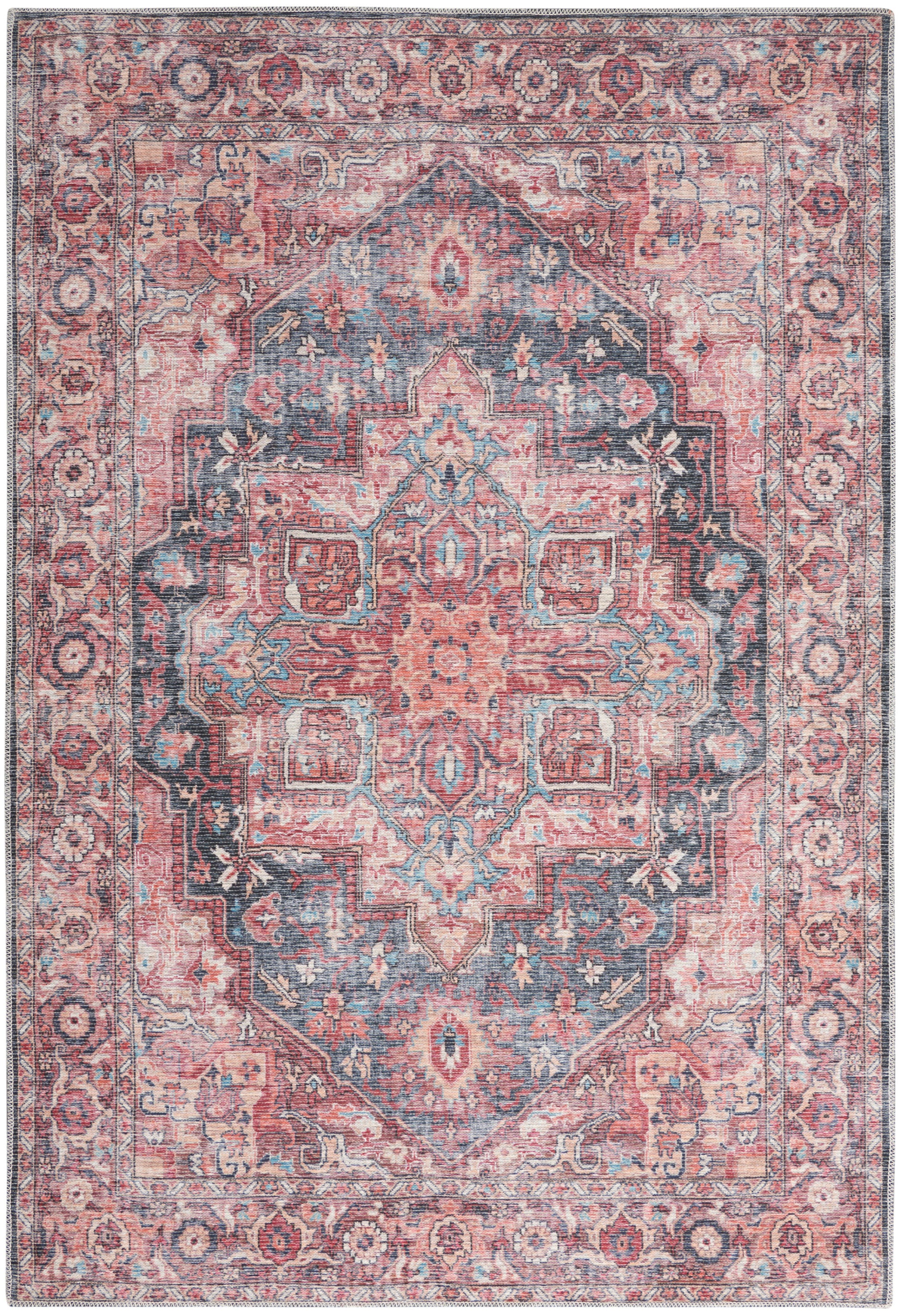 Persian-style area rug with pink, blue and ivory tones, central medallion, floral motifs and ornate border.