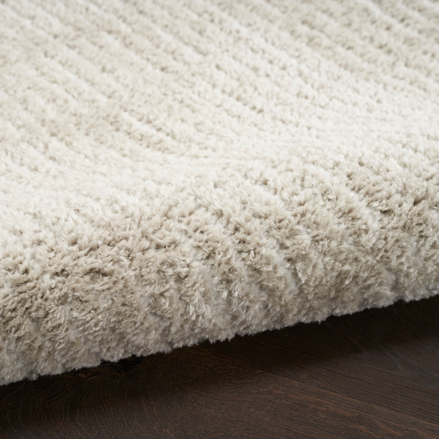 Cream shag rug with fluffy pile on dark hardwood floor, cozy living room floor mat.