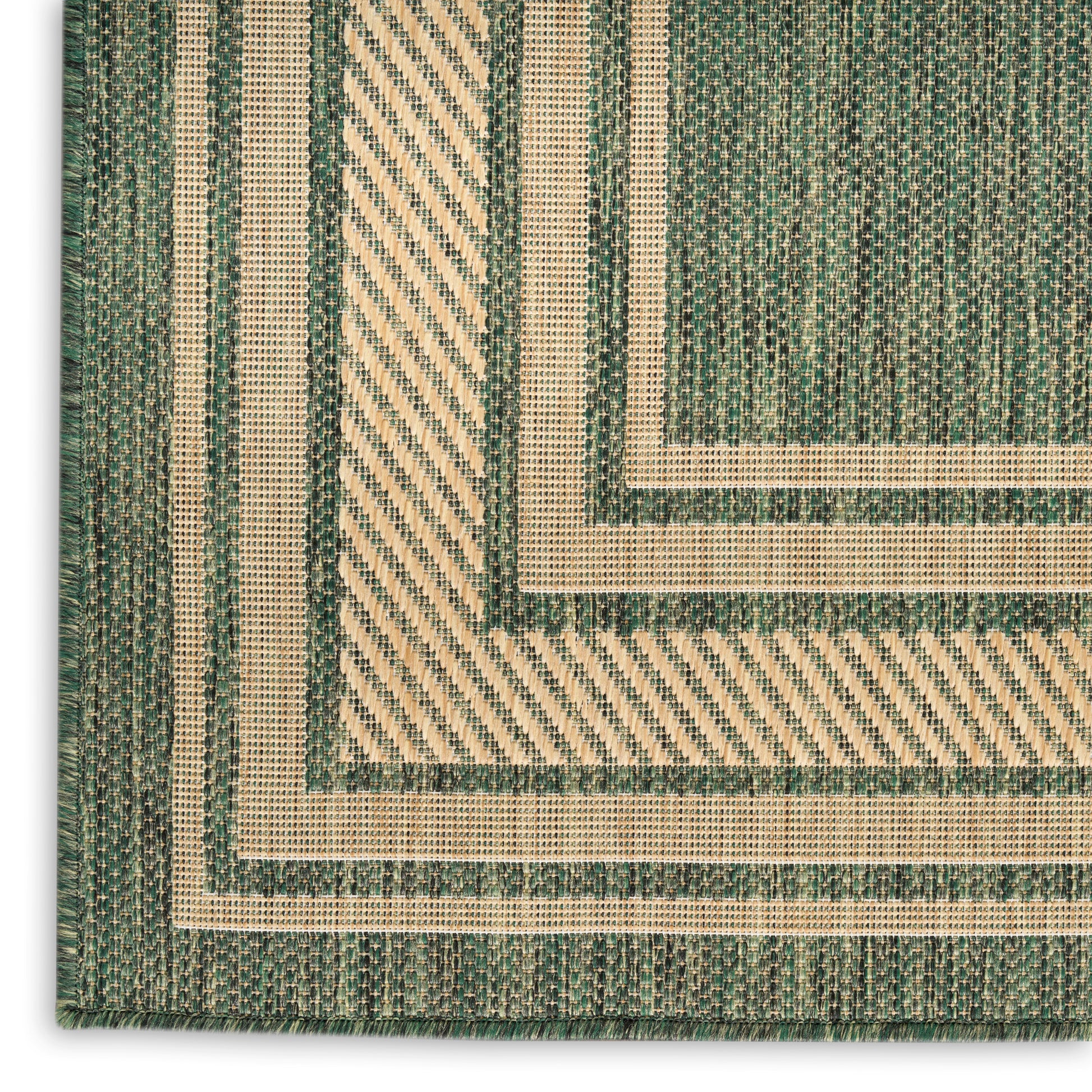 Green and beige flatweave runner rug with layered striped borders and fringe.