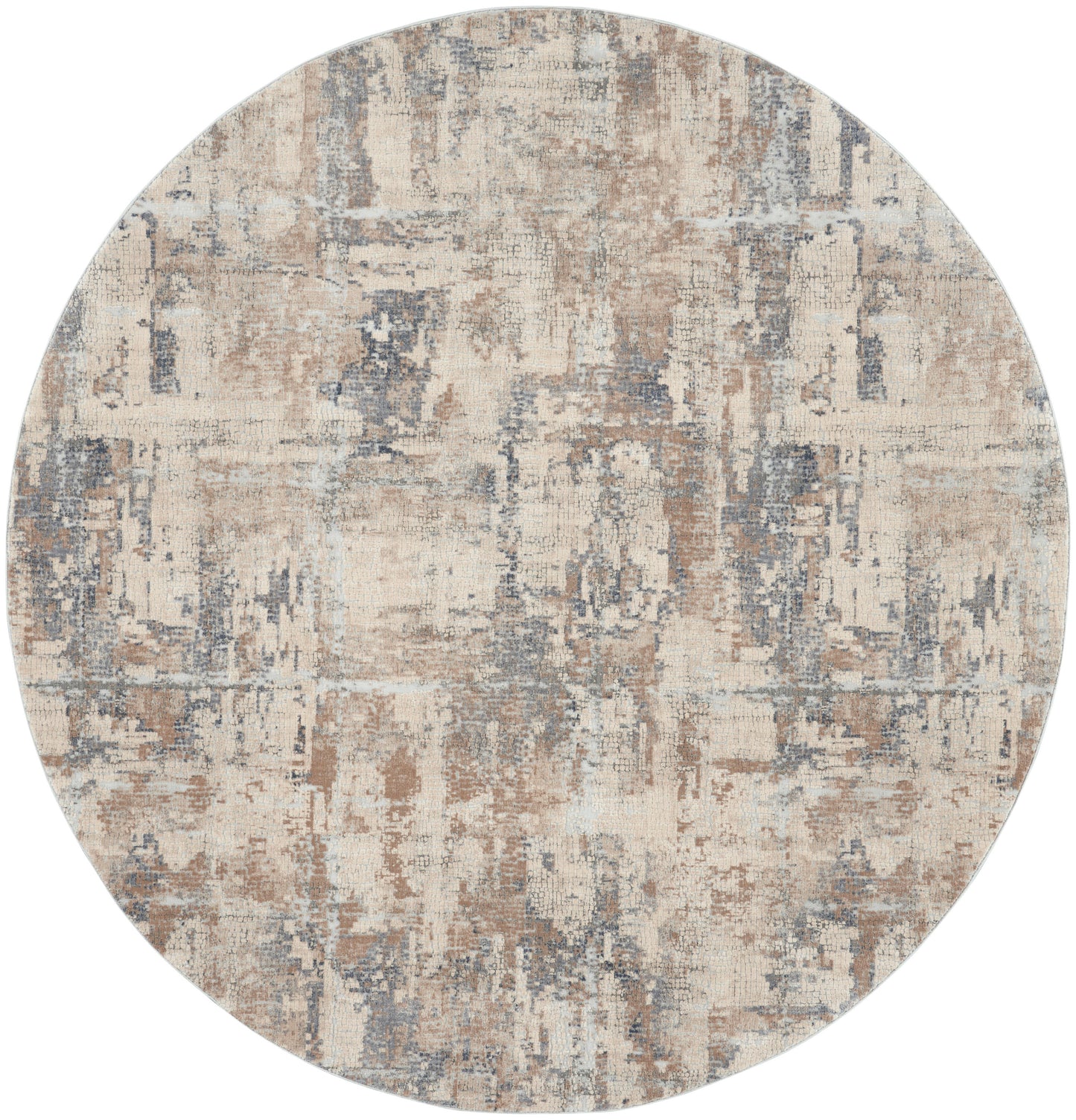Round rug with abstract distressed pattern in beige, cream, taupe and blue-gray tones.