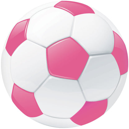 Glossy white soccer ball with vivid pink panels and pink accents, athletic ball for play.