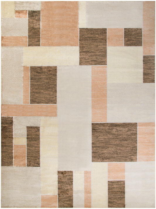 Geometric area rug featuring cream, peach, and brown rectangular blocks in a modern patchwork pattern.