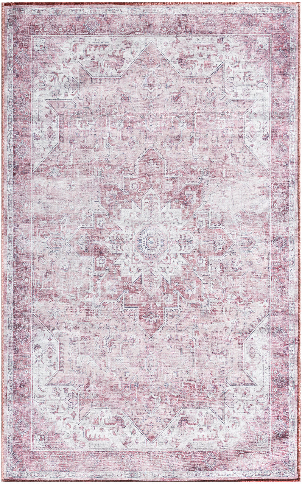 Pink distressed vintage oriental area rug with central medallion, faded ivory border and ornate floral motifs.