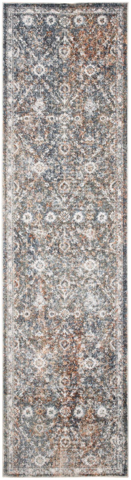 Long Persian-style runner rug with blue, gray, and brown floral medallions and decorative border.