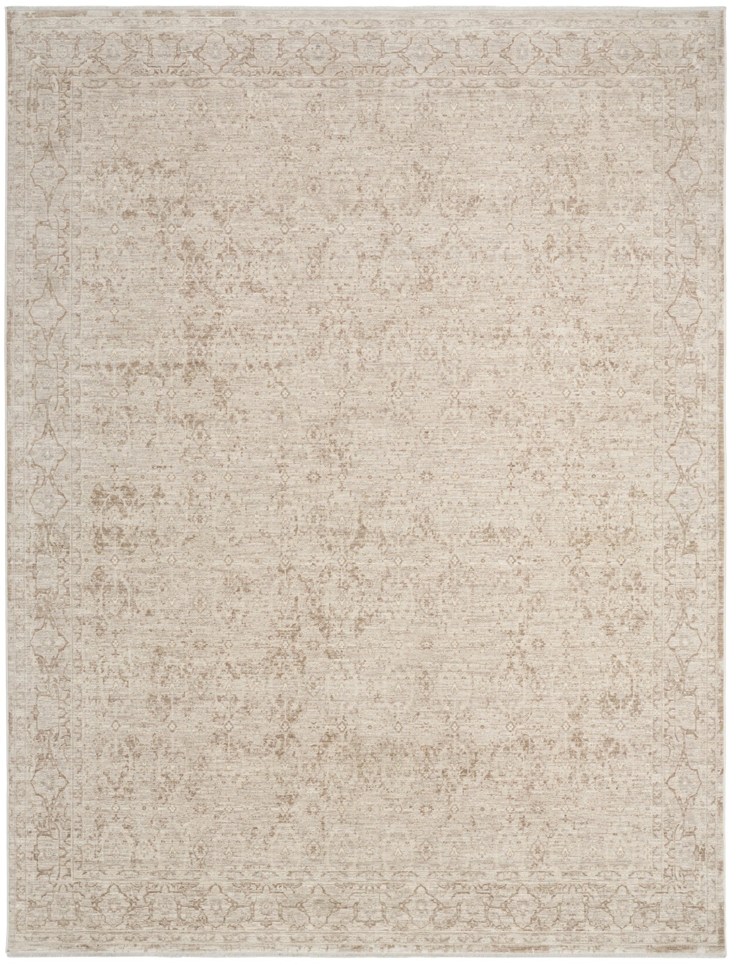 Beige vintage-inspired oriental rug with a faded central motif and subtle decorative border.