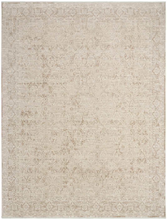 Beige vintage-inspired oriental rug with a faded central motif and subtle decorative border.