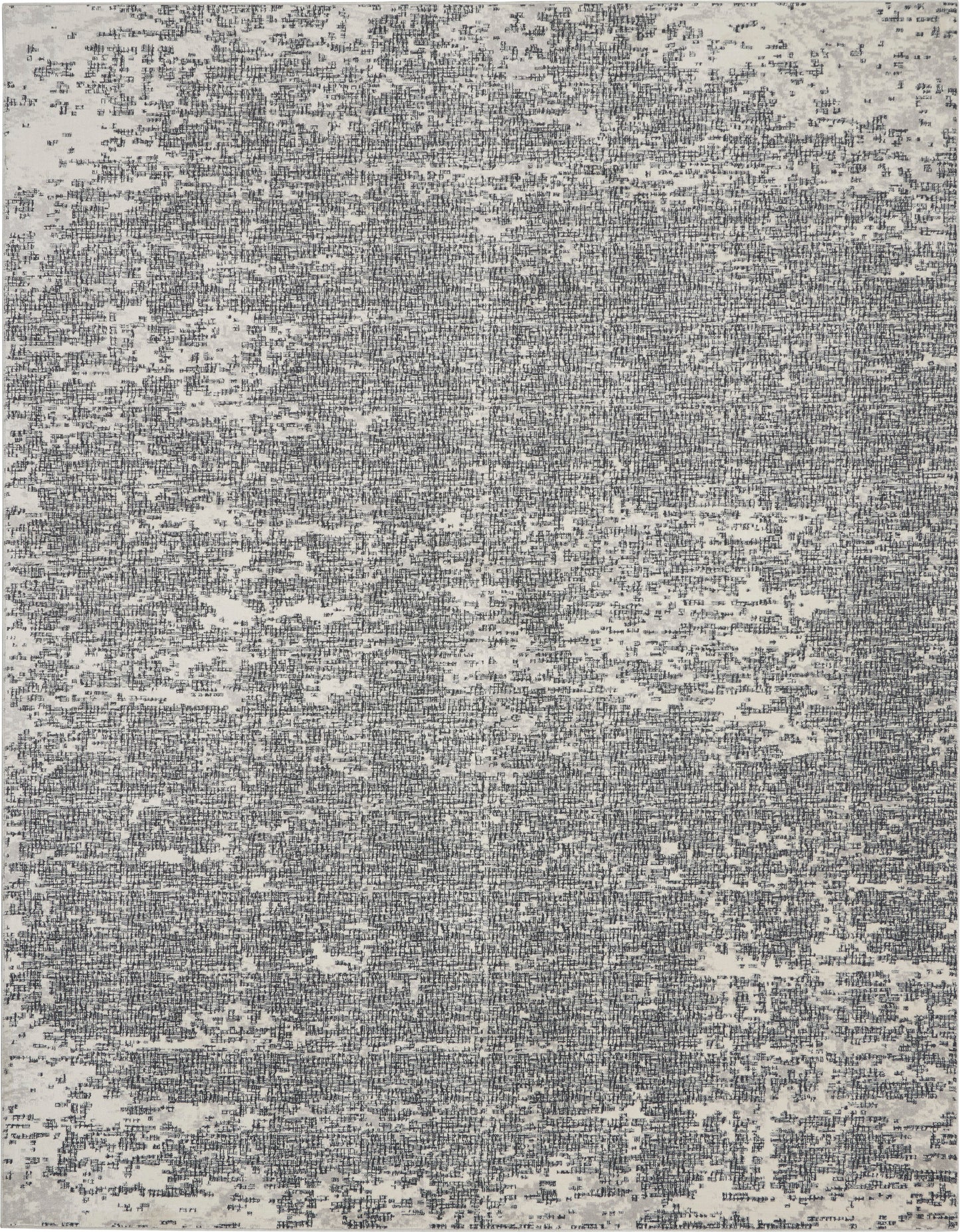 Gray-blue distressed abstract area rug with a vintage, worn pattern.