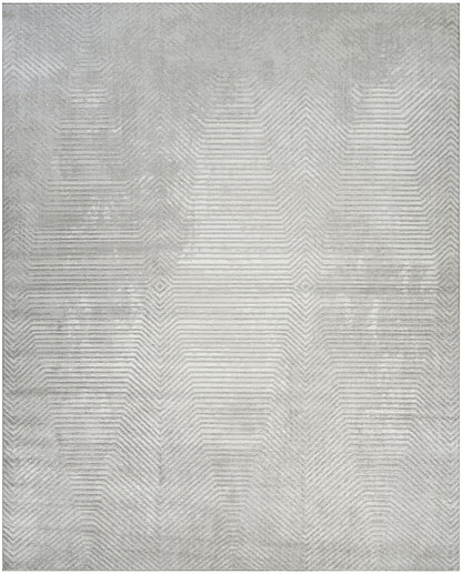 Grey area rug with a soft texture and subtle chevron geometric pattern, size 8' x 10'.