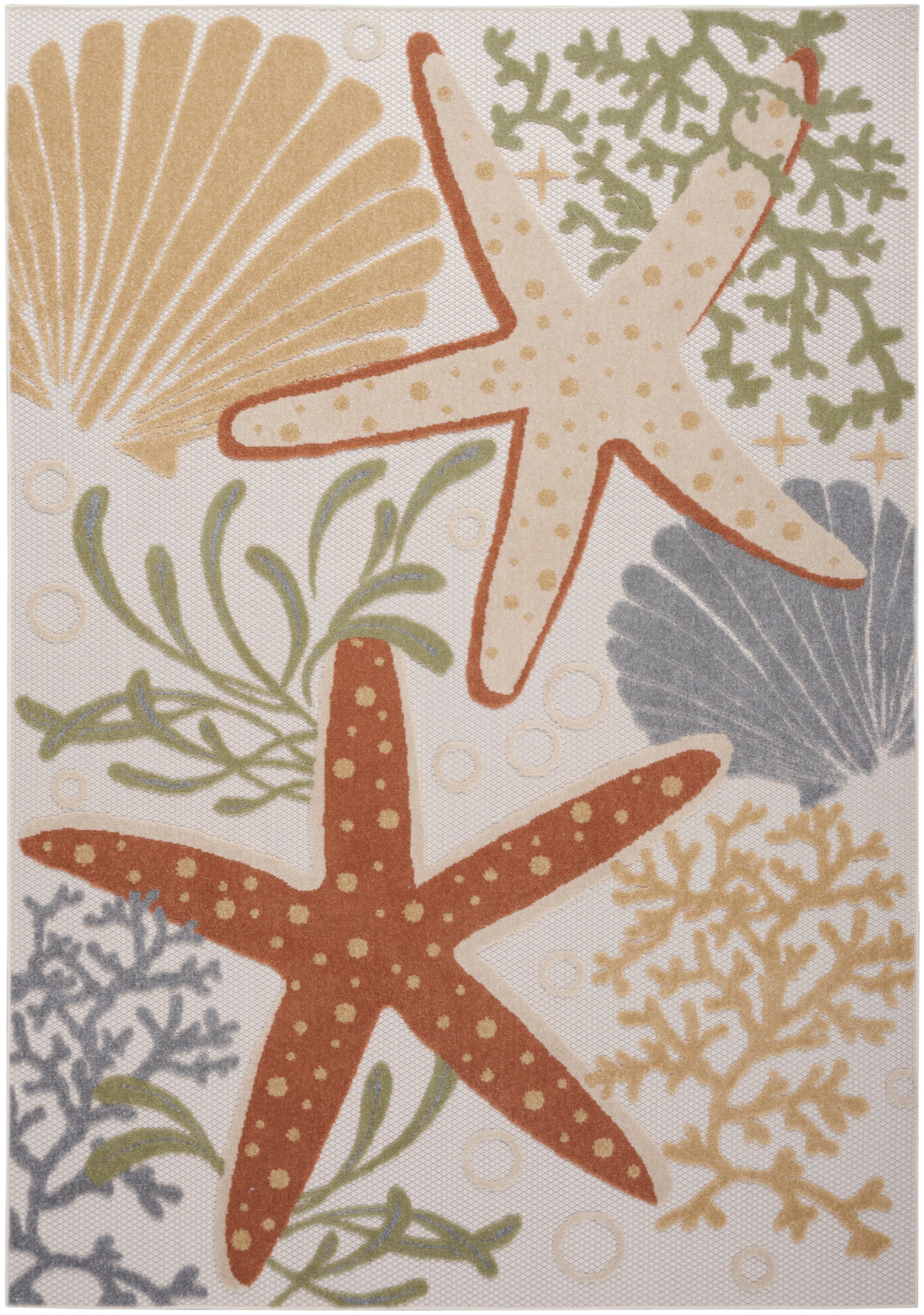 Coastal outdoor rug pattern featuring orange and beige starfish, coral, shells and seaweed with yellow-green accents.