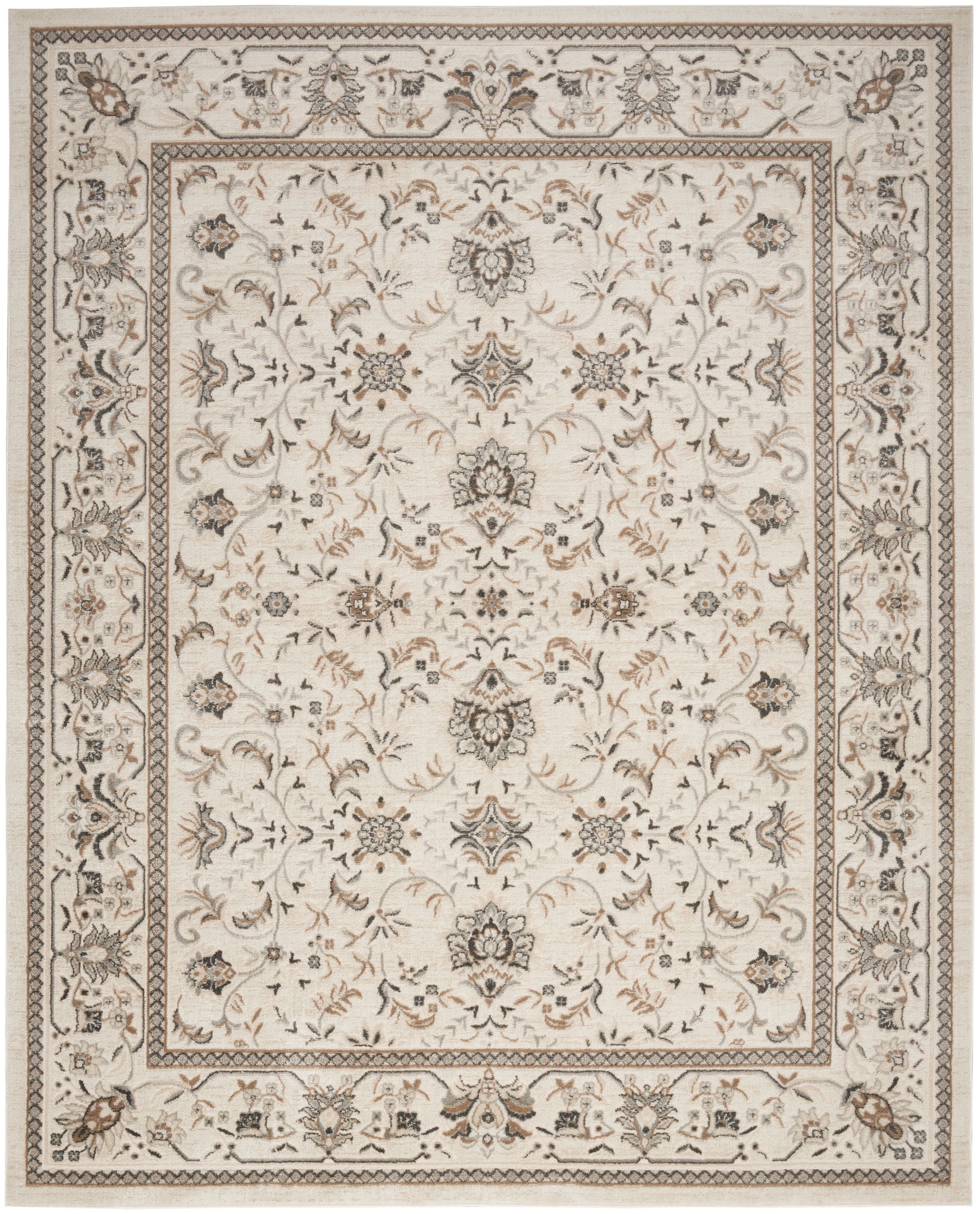 Cream oriental rug with ornate floral motifs and layered borders in beige, taupe, and blue-gray.