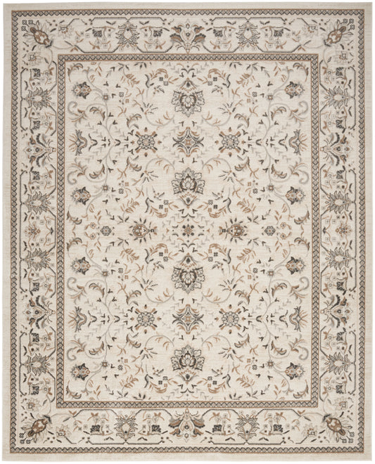 Cream oriental rug with ornate floral motifs and layered borders in beige, taupe, and blue-gray.