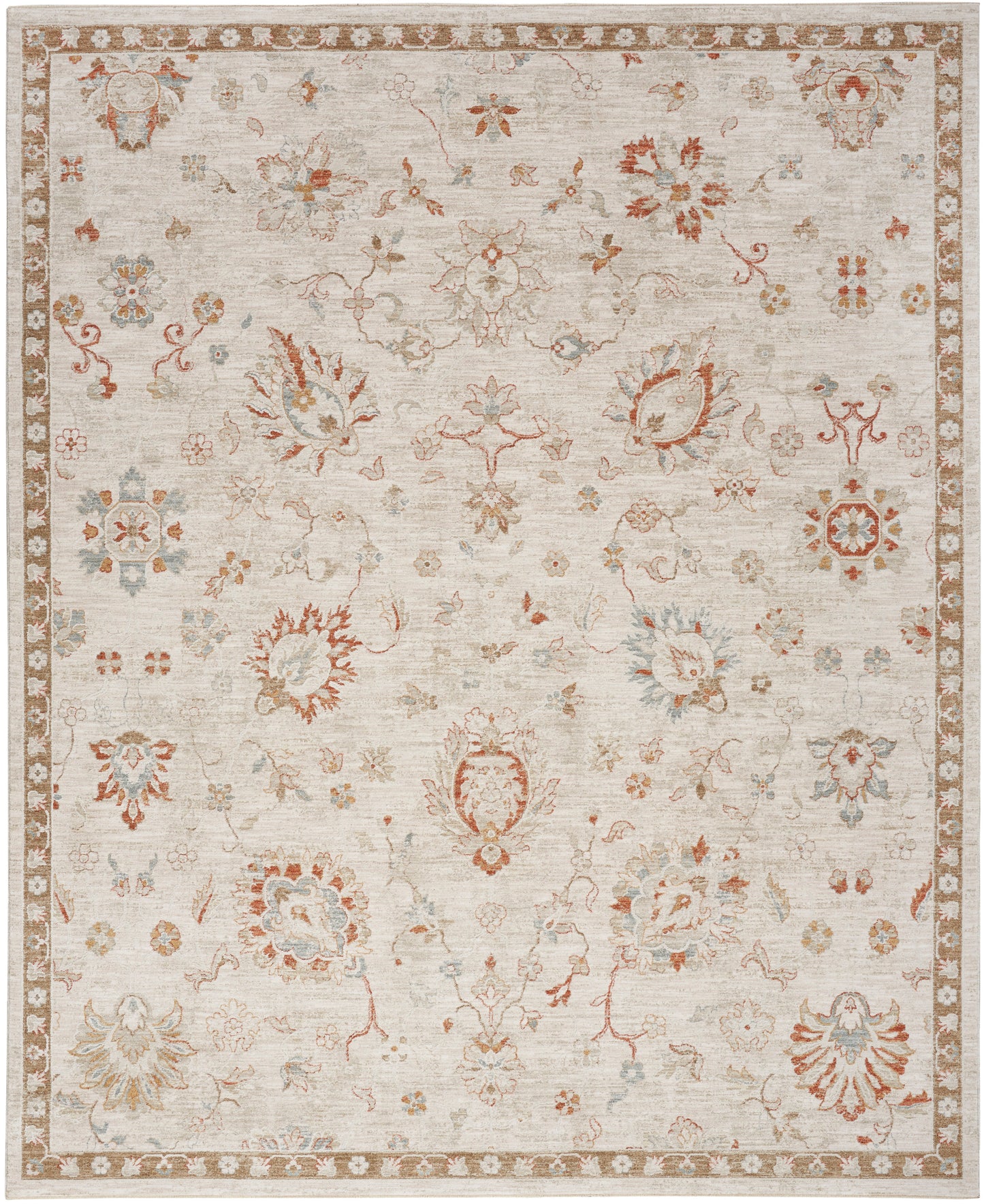 Rectangular beige oriental rug with pale blue and rust florals; ornate border, vintage woven design.