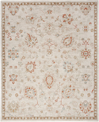 Rectangular beige oriental rug with pale blue and rust florals; ornate border, vintage woven design.
