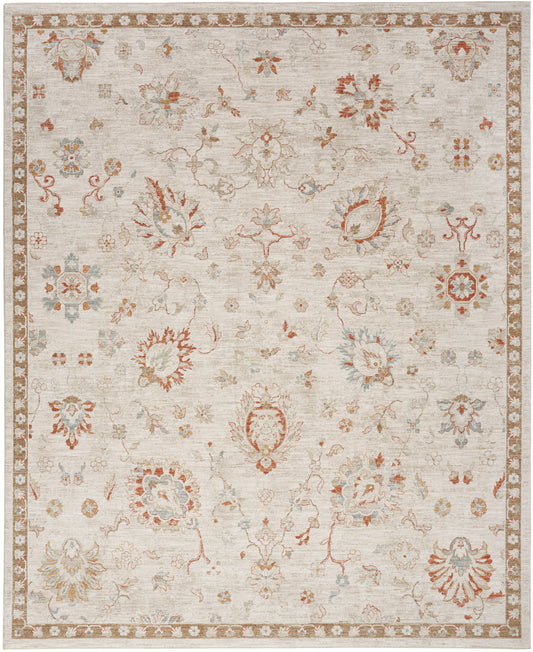Rectangular beige oriental rug with pale blue and rust florals; ornate border, vintage woven design.