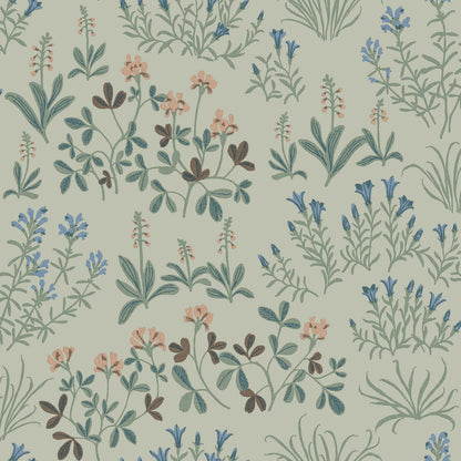 Cream botanical print with blue, peach and green flowers and leaves in a vintage wallpaper-style pattern.