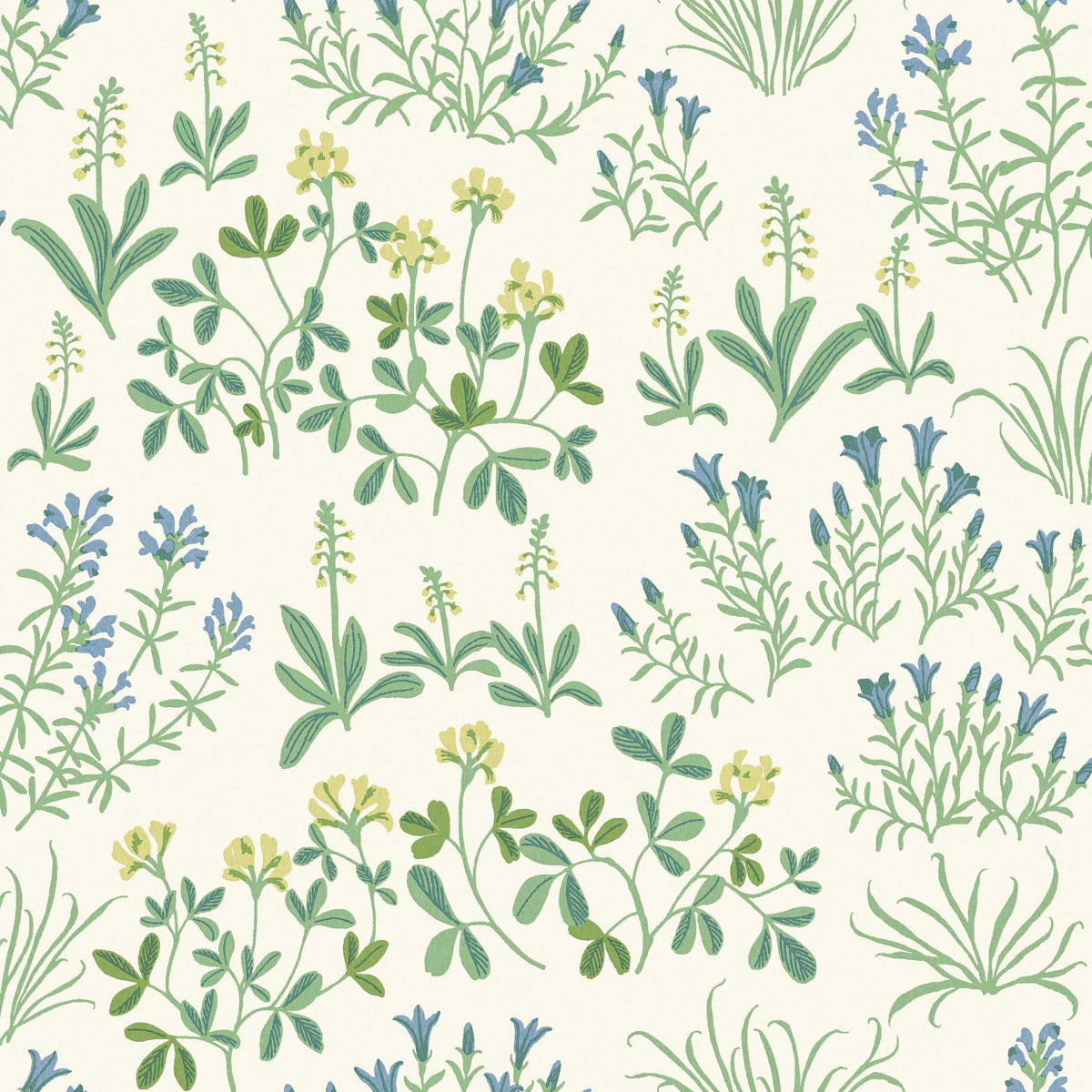 Seamless botanical leaf pattern featuring blue and yellow leaves with green accents on cream background
