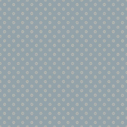 Light blue-gray wallpaper with a delicate white starburst snowflake pattern; repeating print.
