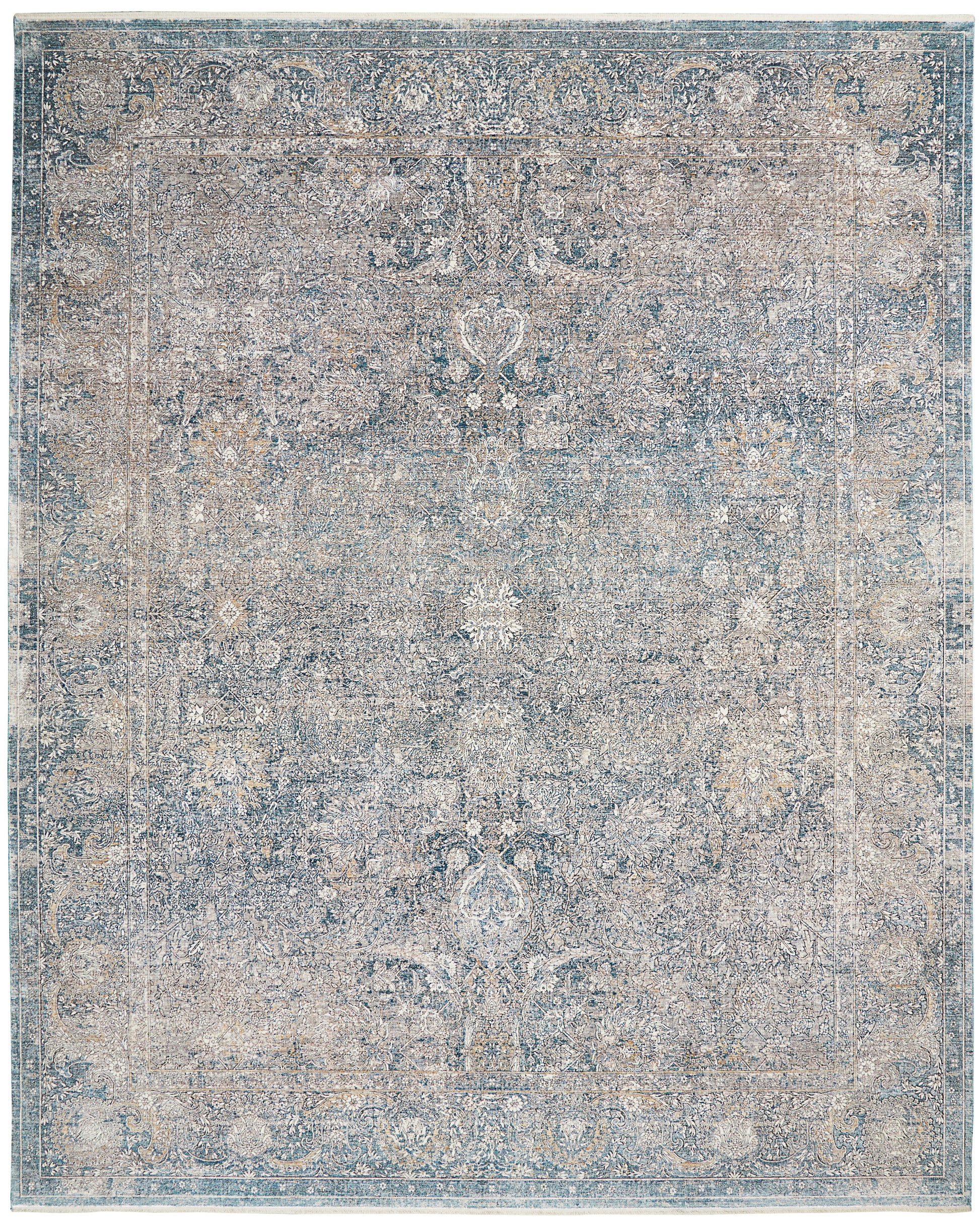 Distressed blue and beige oriental rug with ornate floral border and faded vintage pattern.