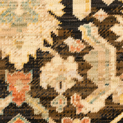Close-up of a woven oriental runner rug with cream, beige, brown and black tones and blue/pink floral motifs.