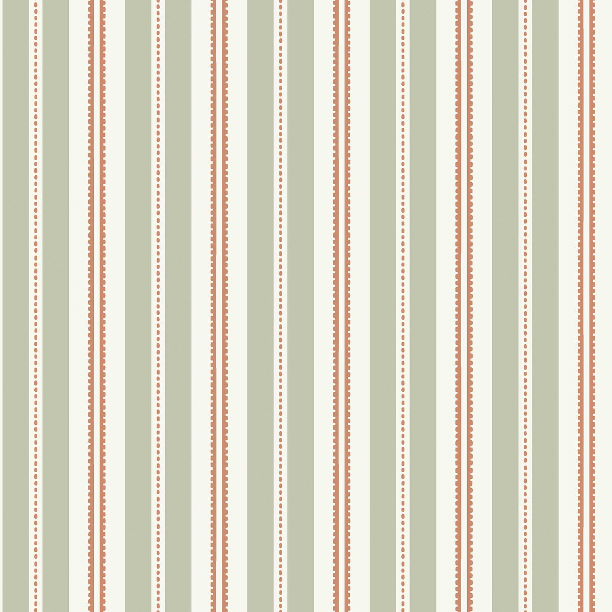 Vertical striped pattern in sage green and rust brown with cream dotted accents; retro wallpaper/fabric design.