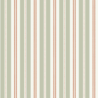 Vertical striped pattern in sage green and rust brown with cream dotted accents; retro wallpaper/fabric design.